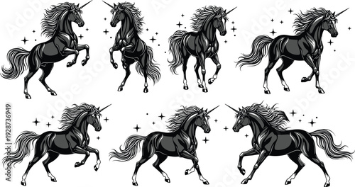 Black unicorn silhouette set with various magical poses including rearing running and standing with stars for fantasy and fairytale designs