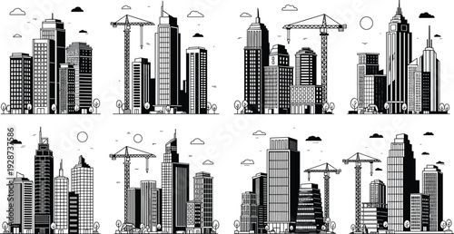  Black city skyline silhouette set with modern skyscrapers construction cranes and urban buildings for real estate architecture and metropolitan development projects