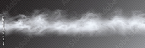 Fog, smoke, mist and steam on transparent background, panoramic view, vector design