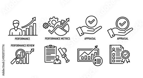 Collection of business icons illustrating performance, growth, strategy, and teamwork in a corporate setting.