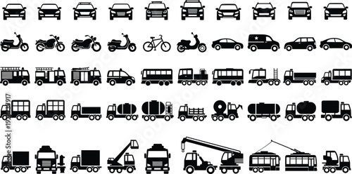 Large set of transportation icons including cars, motorcycles, bicycles, buses, trucks, emergency vehicles, and heavy construction machinery in black silhouette style