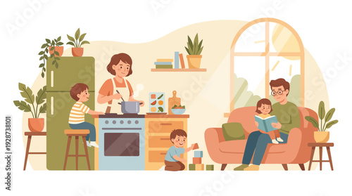 Happy Family at Home Vector – Everyday Life Lifestyle Illustration