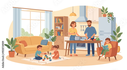 Modern Family Home Routine Illustration – Daily Life Concept Vector