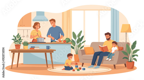 Family Daily Life Scene Vector – Happy Family Lifestyle Illustration