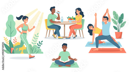 Modern Wellness Lifestyle Vector – People Practicing Healthy Habits