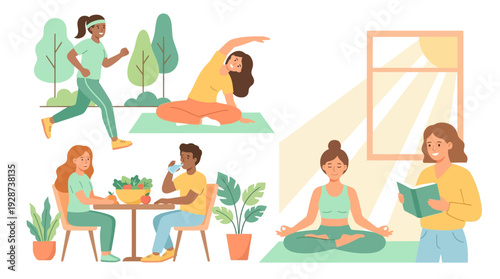 Modern Healthy Living Scene Vector – Active Lifestyle and Wellbeing Illustration