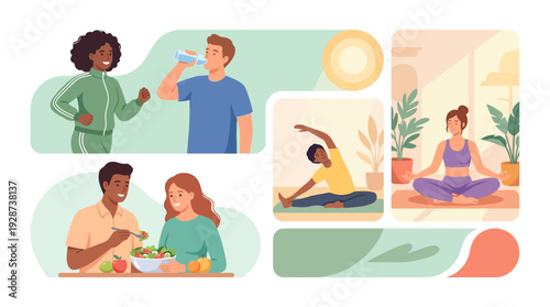 Wellness and Fitness Lifestyle Illustration – People Living Healthy Life Vector