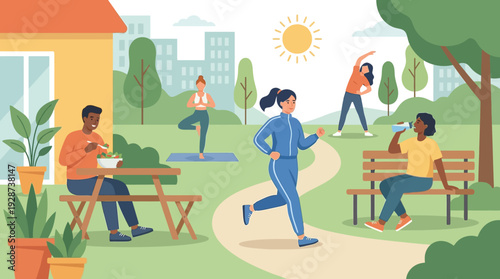 Healthy Habits Concept Vector – Nutrition Exercise and Self Care Scene