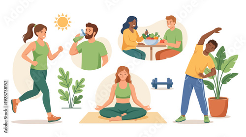 Active Healthy Lifestyle Illustration – Fitness Nutrition Wellness Vector