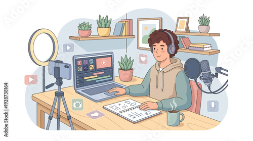 Modern Content Creation Studio Illustration – Laptop Camera Setup Vector