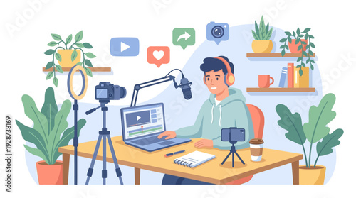 Social Media Creator Workspace Vector – Online Content Production Concept