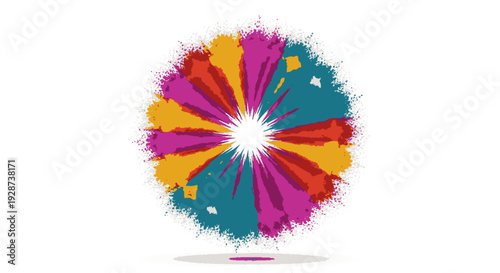 Vibrant abstract explosion design element with colorful splashes and dynamic shapes on white background for creative projects