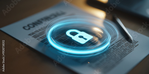 Locked contract document with holographic padlock hovering above glowing swirl, secure agreement feeling