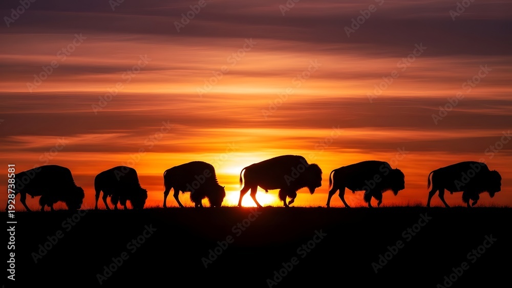 Fototapeta premium Herd of bison walking across open plains against vibrant orange sunset sky