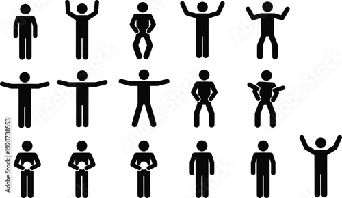 Stick figure icons showing various standing and active body poses including raised arms open gestures and neutral positions for infographics