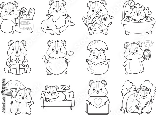 Coloring pages of Cute set of hamster sticker with activity.  Outline of hamster 