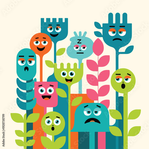 Colorful whimsical flowers with expressive faces against a cream background