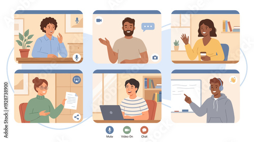 Virtual Team Meeting Illustration – Online Video Call Communication Vector
