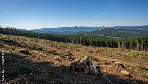 Deforested mountain landscape with piled timber logs