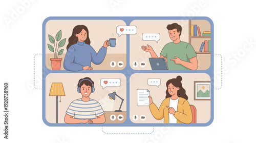 Video Conference Illustration – People Online Meeting Vector Scene