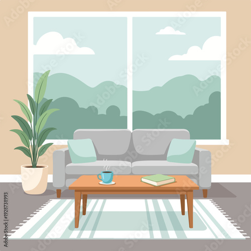 Cozy living room interior. Includes sofa, window view, and coffee table