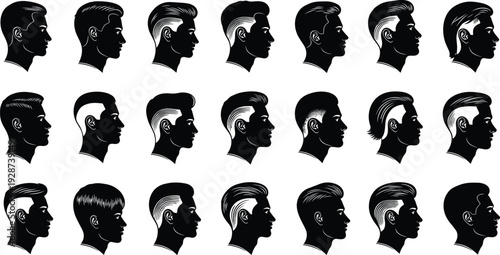 Set of silhouette male profile heads showing diverse modern mens hairstyles haircuts including fades pompadours undercuts and side parts for barbershop