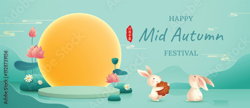 3D illustration of Mid Autumn Mooncake Festival theme with cute rabbit character on podium and paper graphic style of lotus lily pond.