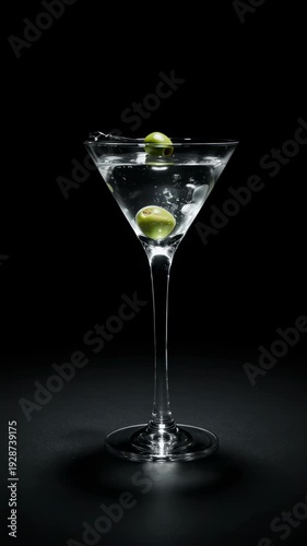 Cinematic video of a classic dry martini in a sleek martini glass, olive garnish, deep matte black background