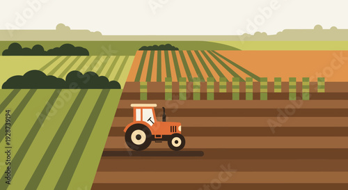 Tractor Working in Agricultural Field Landscape.