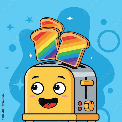 Cute illustration of a toaster with rainbow bread emerging from it on a blue background