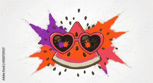 Bright juicy red watermelon slice with heart shaped sunglasses and colorful splatter background for a playful summery vibe