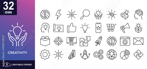 Set of 32 Creativity and idea web icons in line style.