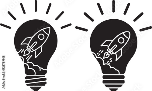 Two black and white icons of light bulbs containing rockets, symbolizing startup, rapid growth, and launch of new ideas.