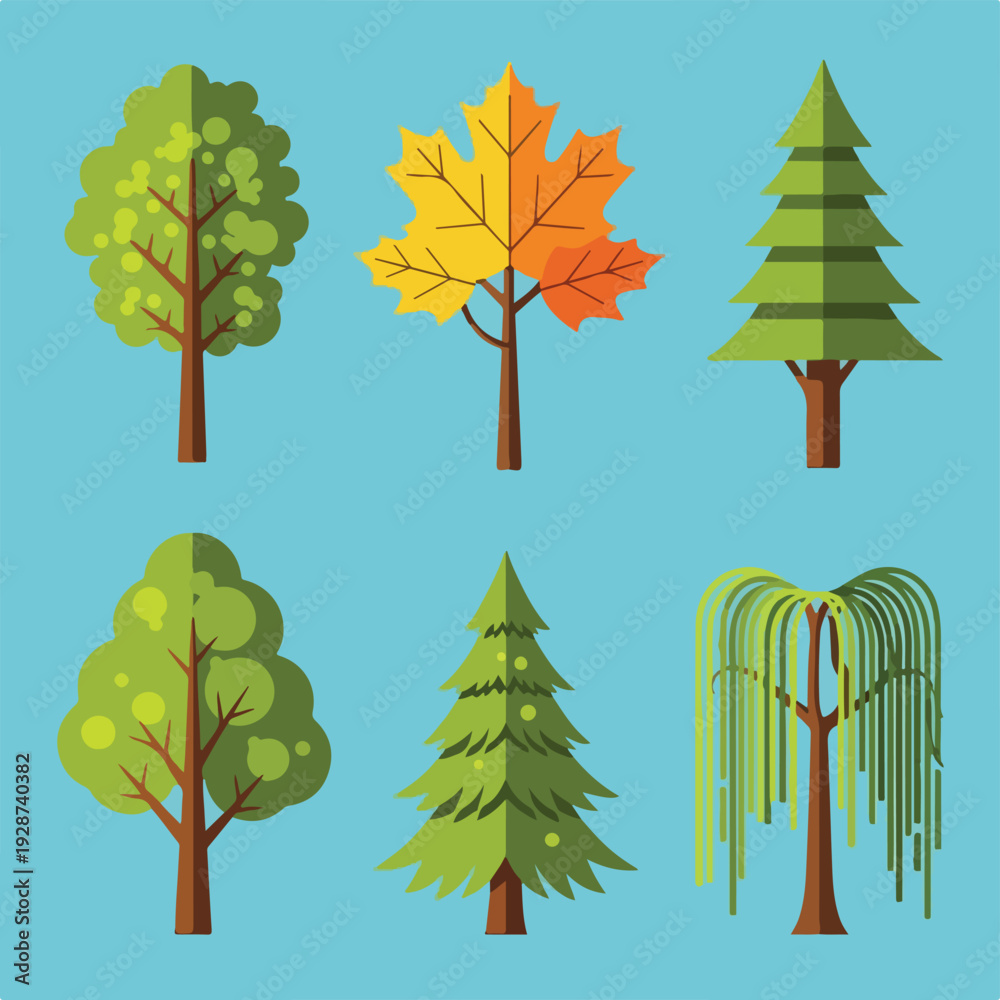 Obraz premium Flat vector illustrations of various trees on a light blue background