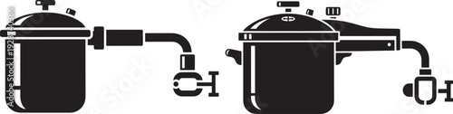 Pressure cooker connection, stylized diagram of two pressure cookers linked by pipes and valves, cooking equipment, food preparation, culinary concept, black and white illustration