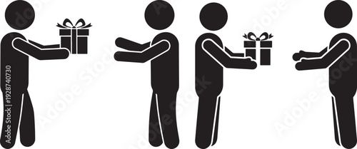 Stick figure people exchanging gift boxes, representing presents, sharing, and generosity for holidays or events.