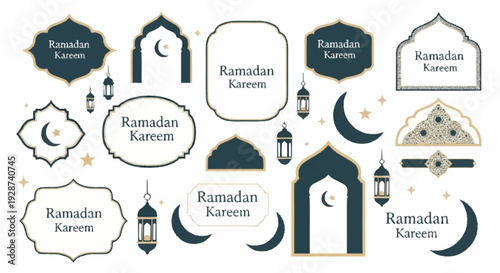 Elegant Collection of Ramadan Kareem Decorative Elements for Celebratory Occasions and Digital Design Projects