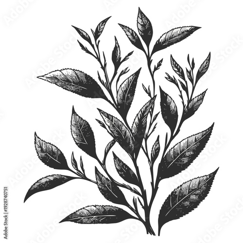 Detailed black and white illustration of tea leaves and buds, vintage botanical engraving of a Camellia sinensis plant.