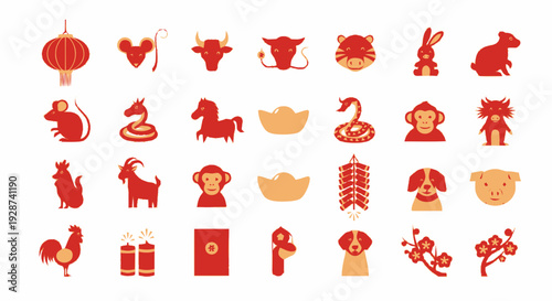 Colorful Symbols Representing Zodiac Animals and Festive Elements for Celebrations Year of the Rat Ox Tiger Rabbit Dragon Snake Horse