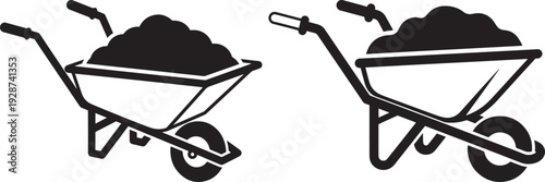 Black and white icons of wheelbarrows filled with soil, suitable for construction, gardening, or DIY projects.