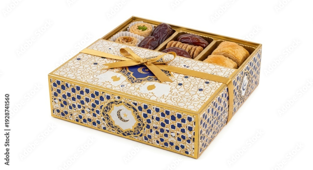 Obraz premium Decorative gold and blue patterned box containing a variety of middle eastern treats and premium dates