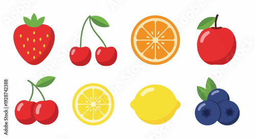 Colorful and Fresh Fruit Illustrations Including Strawberries Cherries Oranges Apples Lemons and Blueberries