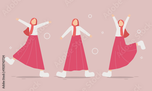The illustration showcases three female characters in various joyful actions—leaping, dancing, and spreading their arms wide. These poses are carefully crafted to convey a sense of liberation, happine