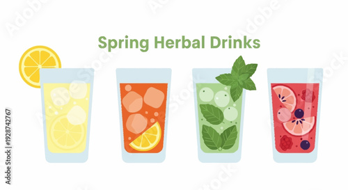 Refreshing Spring Herbal Drinks in Colorful Glasses with Fresh Ingredients and Ice Cubes