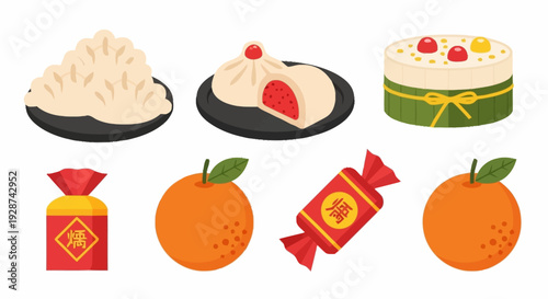 Diverse Sweet Treats and Fruits for Celebrations Featuring Dumplings Cake and Oranges in a Playful Style