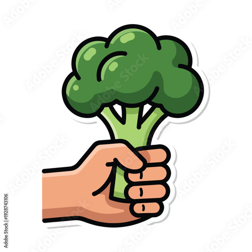 Cartoon sticker illustration of a hand holding fresh green broccoli, symbolizing healthy eating, organic food, and nutrition. Ideal for promoting a wholesome diet and well-being