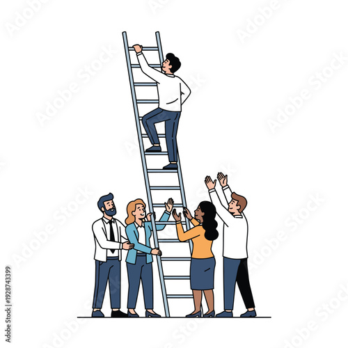 People assisting a man climbing a ladder to reach the top, symbolizing teamwork and support in a professional environment