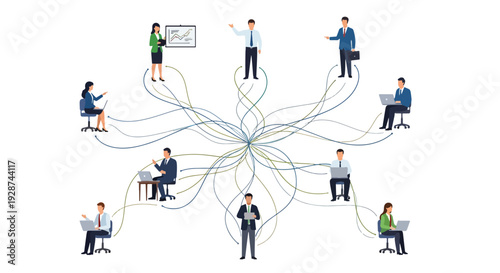 A network of professionals interconnected through lines, collaborating and communicating in a modern office environment from a top-down viewpoint