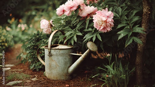 An old, weathered metal watering can rests beside lush green foliage and delicate pink peonies in a