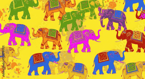 Colorful elephant seamless pattern with vibrant illustrations of elephants in various colors on a bright yellow background perfect